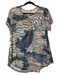 Latuza Women's Size Extra Large Top Shirt Blue Multi White Florals Short Sleeve 